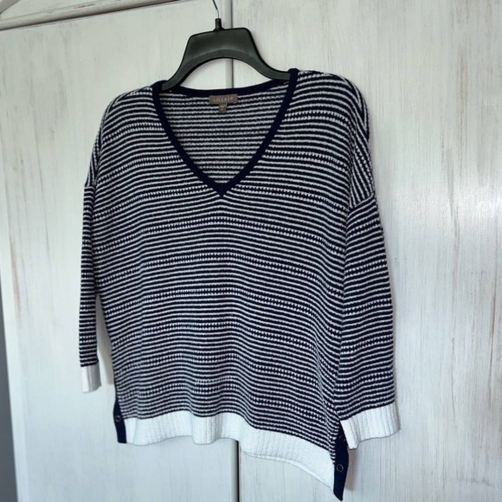Lilla P Navy and White Striped V-Neck Sweater